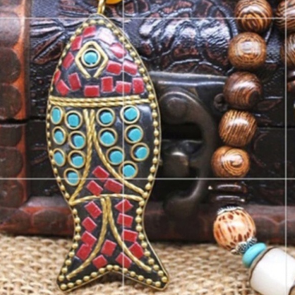 Handmade Unisex Mala Wood Beads Fish Necklace - Fashion Jewelry - Picture 11 of 11